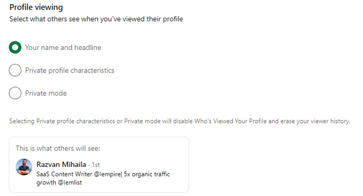 LinkedIn private mode options
